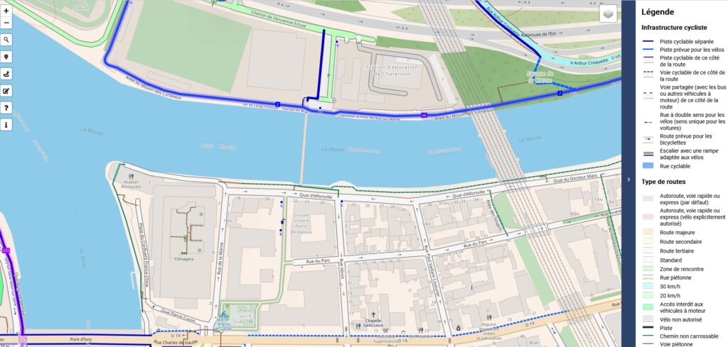 Carte OpenStreetMap des environs du confluent, la passerelle d'Alfortville figure au milieu, sur la Marne. Un bout du quartier d'Alfortville et le bas de Charenton également. A l'ouest la Seine et un bout d'Ivry