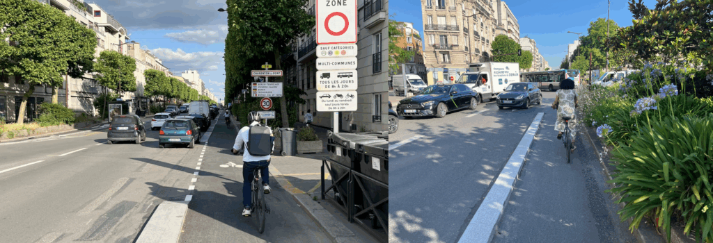 Deux photos combinées en horizontal: à gauche un cycliste de dos sur une piste cyclable protégée, à l'entrée de la ville avec son panneau Charenton-le-Pont. A droite une cycliste également de dos sur une piste cyclable séparée de voitures à gauches par un séparateur en béton, des arbustes et des fleurs notamment de agapanthes sont sur sa droite.