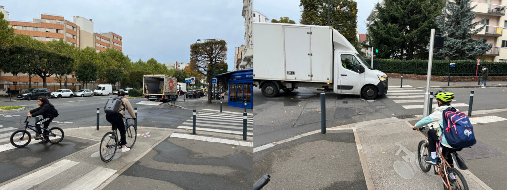 Deux photos alignées de deux endroits de l'avenue du Général Leclerc à Maisons-Alfort. Sur la première on voit deux enfants à vélo, l'un attend pour traverser, l'autre traverse l'intersection de l'avenue des Tilleuls. Sur la 2e, un enfant casqué est arrêté tandis qu'un gros camion blanc s'engage sur l'intersection.