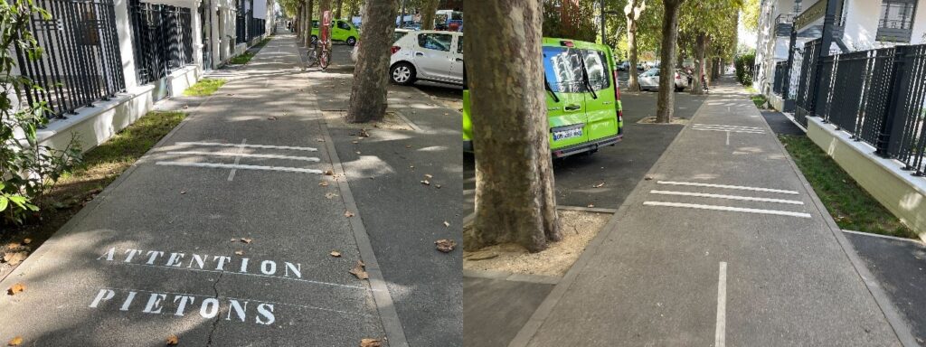 Deux photos d'un aménagement cyclable de type bandes cyclables bidirectionnelles sur un trottoir le long d'un immeuble. Une signalétique montre 'Attention piétons' et derrière des bandes rugueuses par paquets de 2 ou 3 dans la perspective. Des voitures occupent la partie piétonne du trottoir.