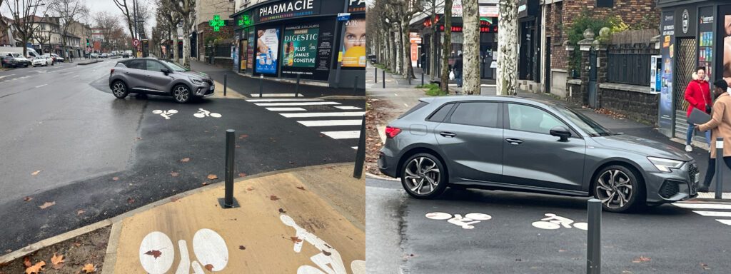 Deux photos en une horizontales, sur chacune, des voitures différentes stationnent en travers de la piste cyclable devant la pharmacie.