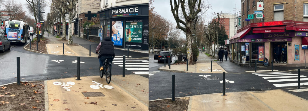 Deux photos en une longue horizontale. Deux croisements similaires: à  gauche celui de la rue de Valenton devant la pharmacie, à droite celui de l'impasse des Bouvets devant le bar tabac le Mondial. Sur chacune des trottoirs et pistes cyclables rénovées, avec un enrobé marron tout neuf, des plots et des pictogrammes blancs.