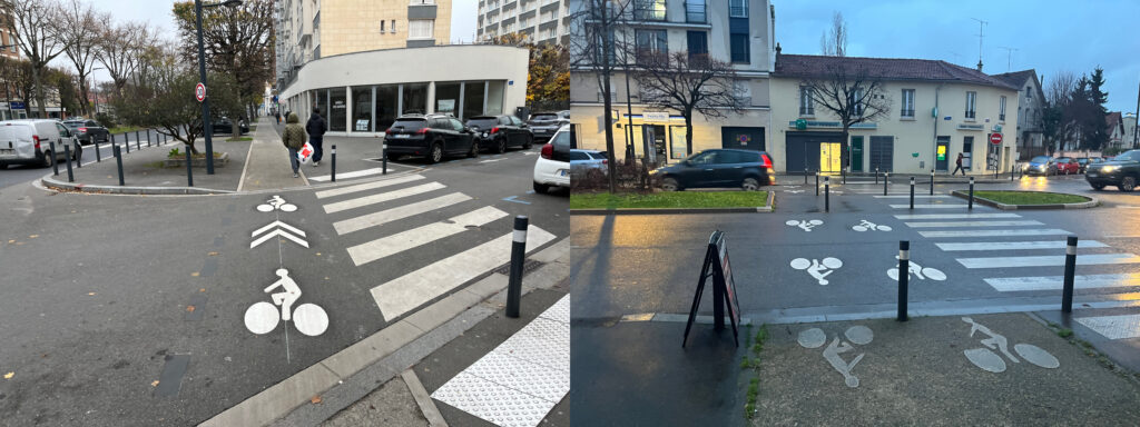 Deux photos en une horizontalement: la première montre un passage piéton flaqué de chevrons et picotgrammes cyclables fraichement repeints, le long de l'avenue Leclerc. On voit aussi une bande podotactile d'éveil d'attention avant le passge piéton. Au long, deux piétons. L'autre photo montre une traversée de l'avenue là encore avec les flux piétons et cyclistes protégés de plots notamment. Les pictogrammes vélo sont très blancs, très contrasté.   