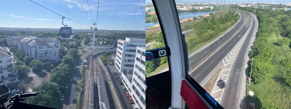 Deux photos alignées prises depuis les cabines du téléphérique; sur la première on survole la ligne du métro 8 entre les immeubles et une autre cabine arrive dans l'autre sens. Sur l'autre la vue est plus verte, plus arborée, la cabine surplimbe la quatre voies de l'A86.