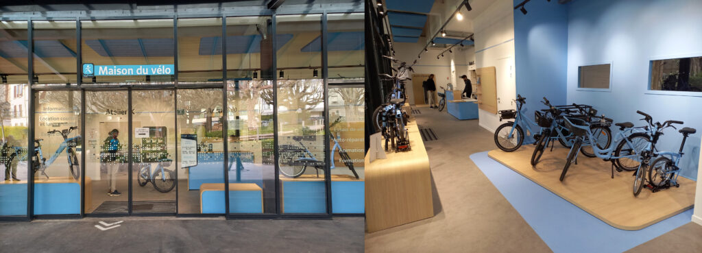Entrée de la Maison du vélo de Maisons-Alfort et vue intérieure avec quelques vélos disponibles à la location mis en exposition
