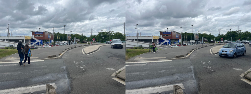 Deux photos alignées du même point de vue, le passage piéton sur la D86 vers Choisy, devant le magasin Décathlon, on y voit l'anneau cyclable et le passage piéton, avec deux piétons dessus sur la première photo, dont la peinture est bien effacée.