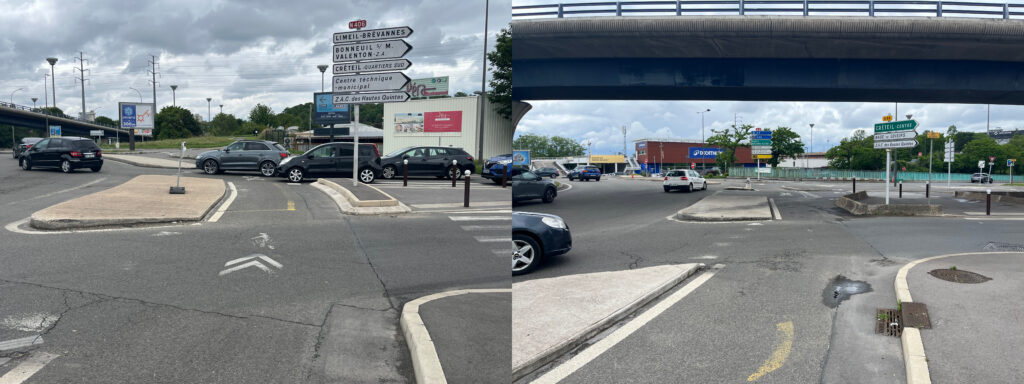 Deux vues alignées de deux autres sorties du rond-point, prises de l'intérieur de l'anneau cyclable, là encore les peintures sont presque effacées, notamment les pointillés de cédez-le-passage censé protéger les aux gens à vélo empruntant l'anneau.