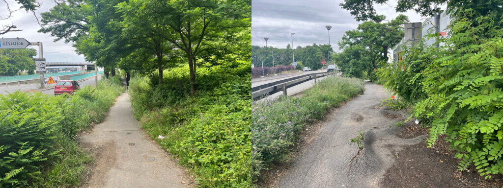Deux vues alignées d'une voie piétonne et cyclable étroite envahie par la végétation, au fond de la première une personne à pied.
